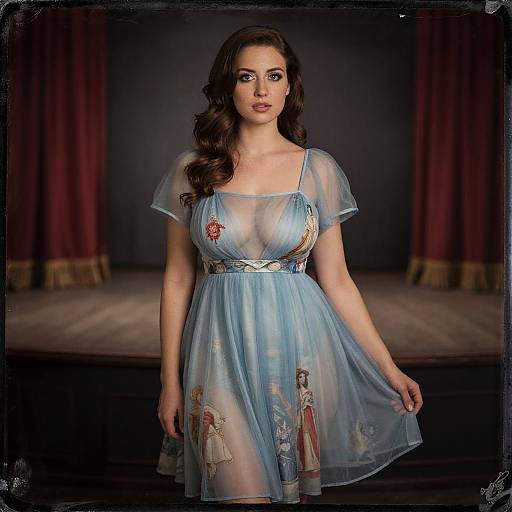 Photograph of a woman with long brown hair in a sheer blue dress with embroidered characters, standing on a wooden stage with red curtains in the background.