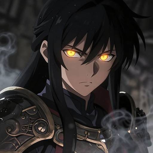 Digital anime-style portrait of a dark-haired, intense male character with glowing yellow eyes, wearing ornate black armor, surrounded by smoky mist.