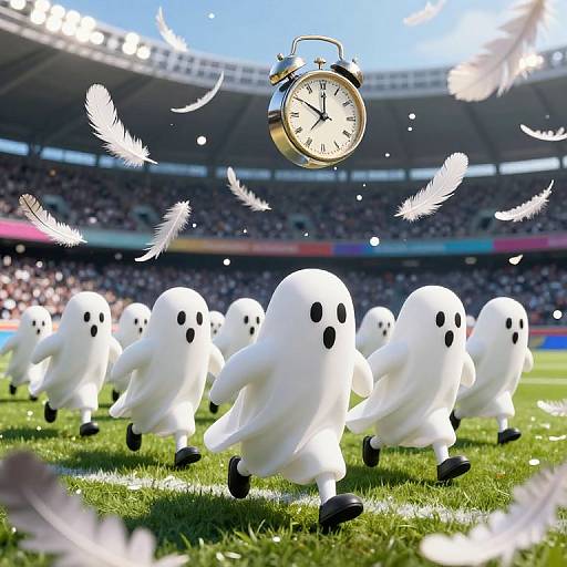 CGI image of white ghost-like creatures with black eyes running on a grassy field in a stadium, surrounded by floating feathers and a suspended clock.
