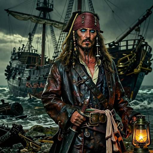 Photorealistic digital painting of a bloodied, grimy pirate with long hair, red bandana, leather coat, and lantern, standing on a