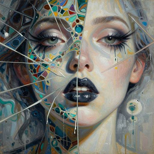 Digital painting of a woman's face with half in vibrant abstract patterns, half in muted tones, featuring black lips, green eyes, and splattered paint