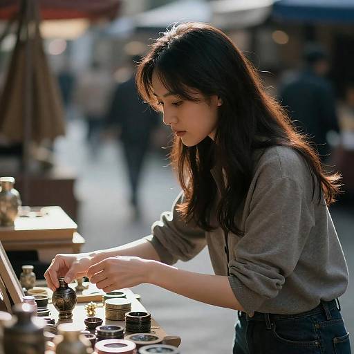 Woman Setting Up Street Market Stall