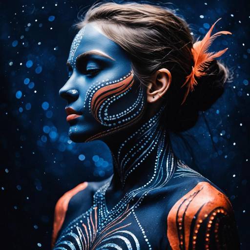 Woman with Artistic Body Paint and Feather Hair Accessory