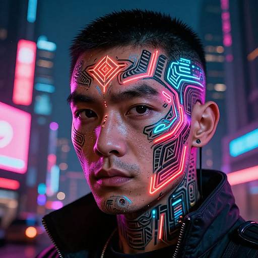 Cyberpunk Neon Face Tattoos Portrait