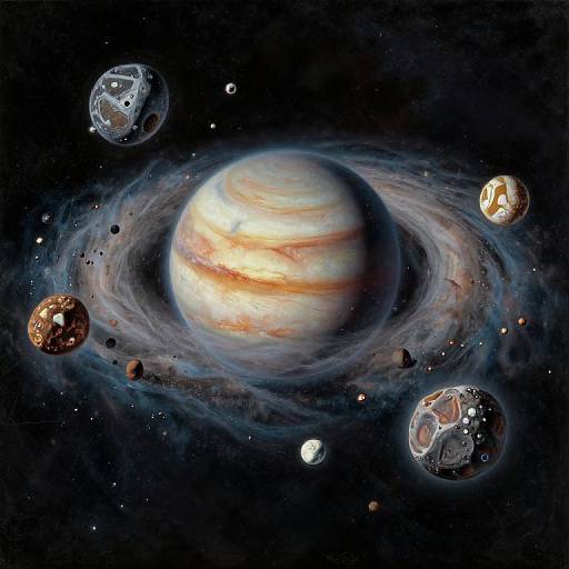 Digital illustration of a gas giant planet with rings, surrounded by six smaller celestial bodies in a dark, starry space.