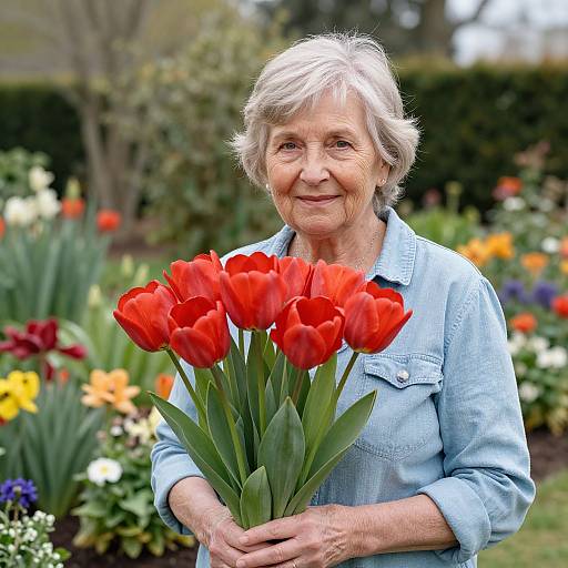 Photograph of an elderly woman with short gray hair, wearing a light blue denim shirt, holding a bouquet of vibrant red tulips in a colorful garden