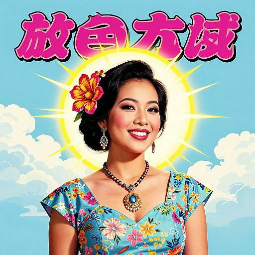 Digital illustration of an Asian woman with dark hair, floral dress, flower hairpin, smiling, glowing sun halo, blue sky background, large pink Japanese