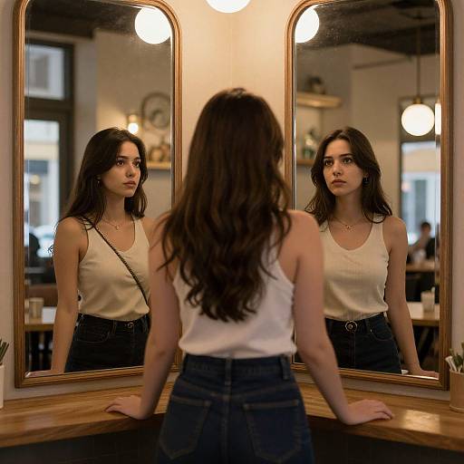 Photograph of a young woman with long brown hair, wearing a white tank top and high-waisted jeans, standing before a mirror in a warmly