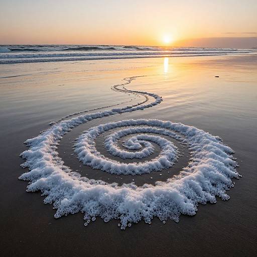 Photograph of a spiral wave pattern in wet sand at sunset, with golden-orange sky, gentle waves, and reflective ocean surface.