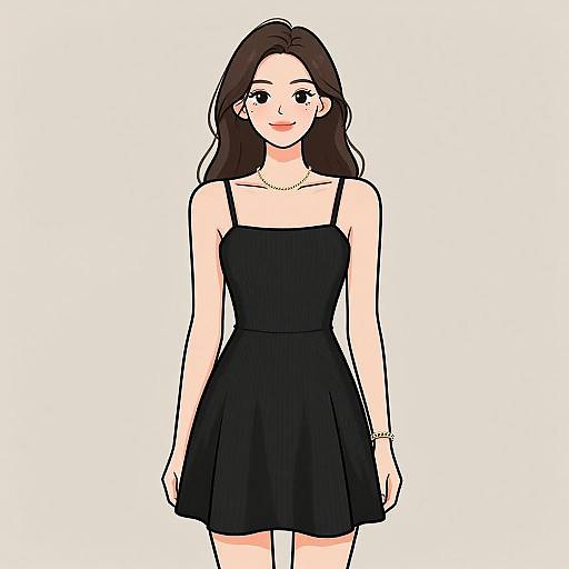 Digital drawing of a young woman with long brown hair, wearing a black sleeveless dress, necklace, and bracelet, standing against a white background.