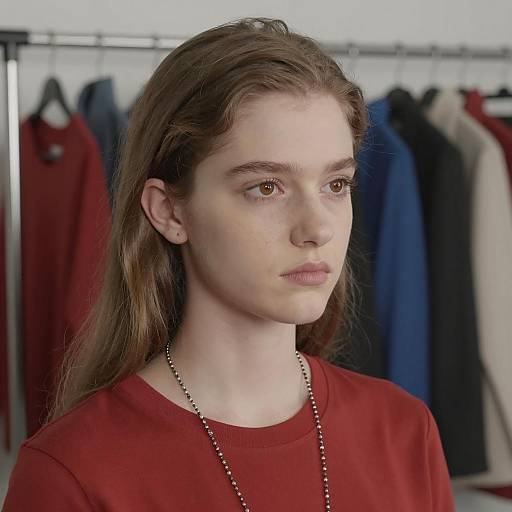Young Woman in Red Shirt with Clothing Rack Background