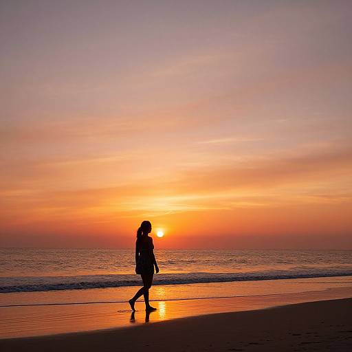 Silhouetted woman walks on a tranquil beach at sunset, with vibrant orange and purple sky reflecting on the wet sand.