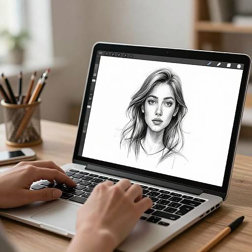 Photograph of hands drawing a black-and-white portrait of a woman on a laptop screen, with pencils in a holder on a wooden table in a bright