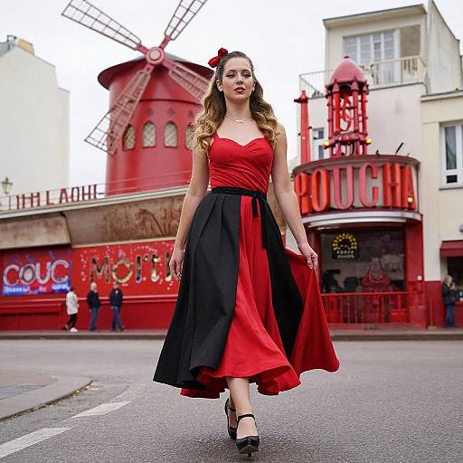 Photograph of a woman with wavy blonde hair, wearing a red and black vintage-style dress, black heels, and red bow, walking on a