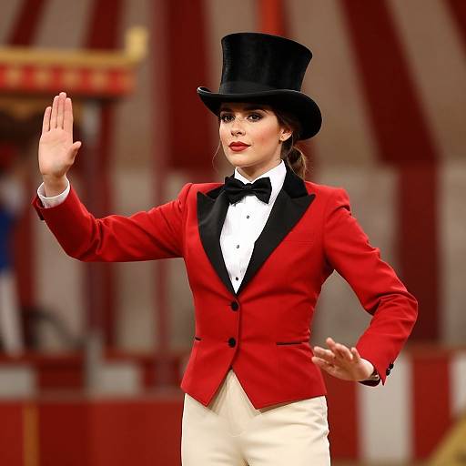 Digital rendering of a woman in a red tuxedo jacket, black bow tie, white pants, and black top hat, saluting with her right