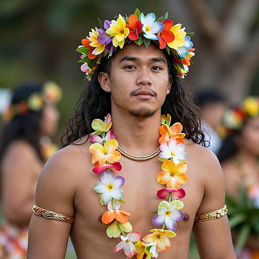 Photograph of a young, muscular, tan-skinned man with long dark hair, wearing a colorful flower crown and lei, gold arm band, standing