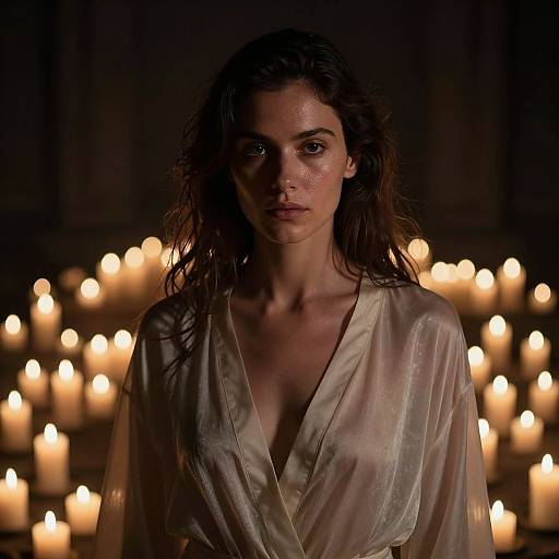 Photograph of a wet-haired, fair-skinned woman with intense gaze, wearing a sheer, white, deep V-neck robe, standing in front of