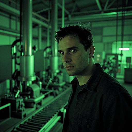 Photograph of a serious-looking man with short, messy dark hair in a dimly lit industrial factory, illuminated by green lighting. Wearing a dark