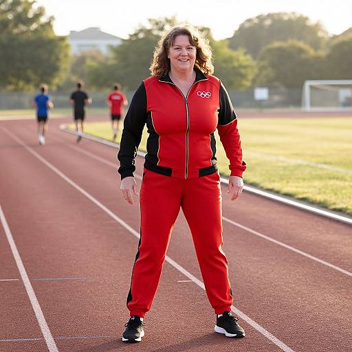 Photograph of a smiling middle-aged woman with curly brown hair in a red and black track suit standing on a sunny outdoor track, with blurred athletes in