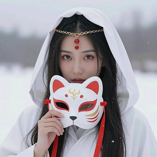 Asian Woman in White Cloak Holding Cat Mask