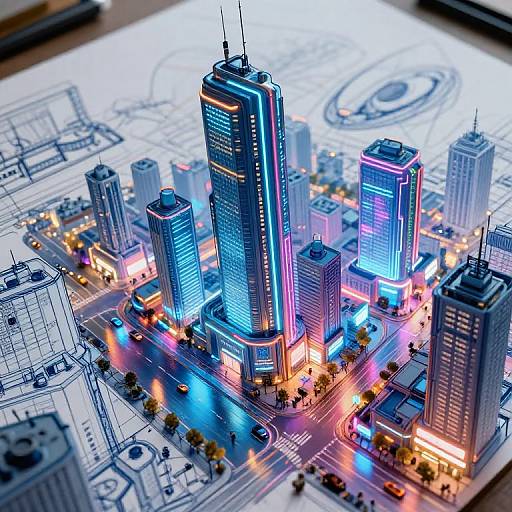 Photorealistic CGI of a neon-lit, futuristic cityscape with towering skyscrapers, vibrant blue and pink lights, and detailed architectural blueprint background
