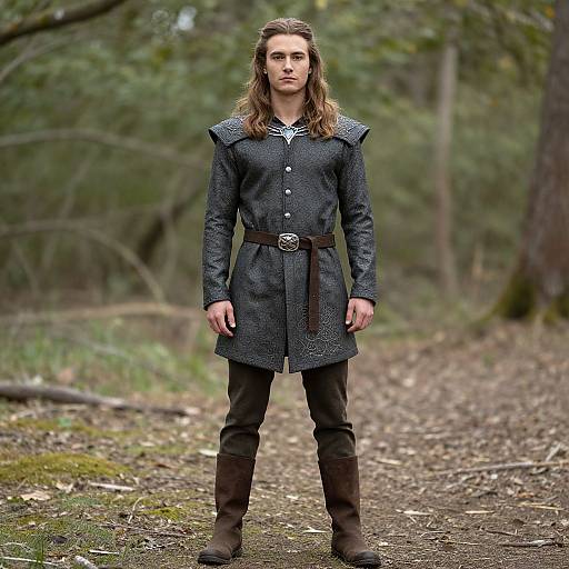 Photograph of a serious, long-haired man in medieval-style dark blue tunic, black pants, brown boots, standing on forest path.
