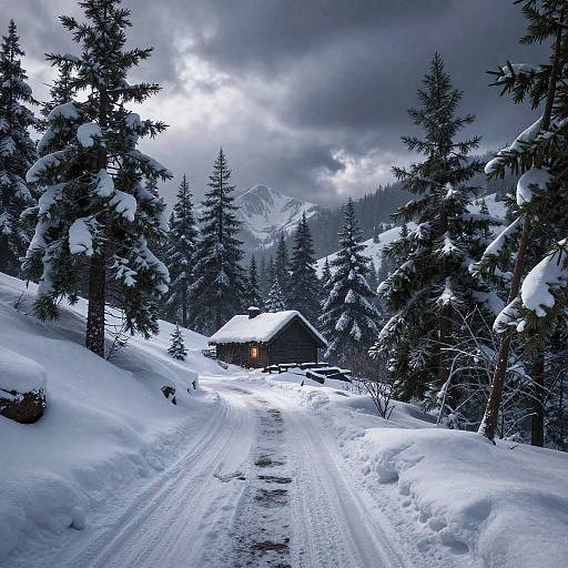 Snowy Mountain Pass with Cabin