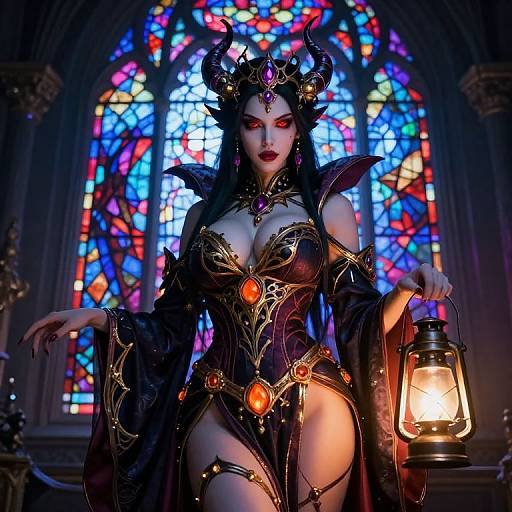 Digital artwork of a seductive, dark-haired demon queen with horns, glowing red eyes, black gown with gold accents, holding a lantern, in front