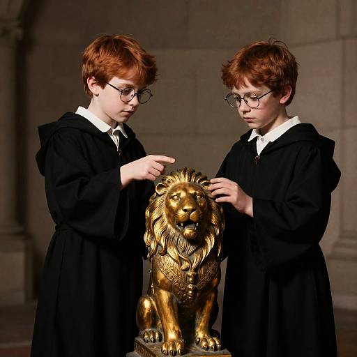Young Boys Examining a Golden Lion Statue