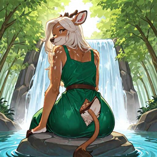 Serene Deer Girl by the Waterfall