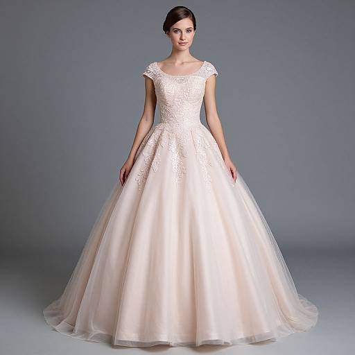 Photograph of a fair-skinned woman with dark hair in an elegant, white lace and satin ballroom wedding gown, standing against a plain gray background