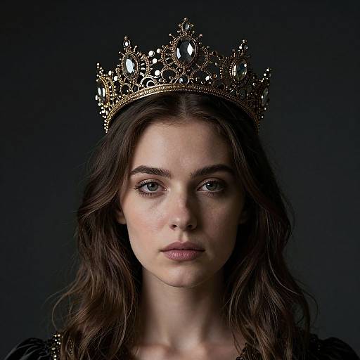 Photograph of a serious-faced woman with blue eyes, wearing an ornate, jeweled gold crown, against a dark gray background.