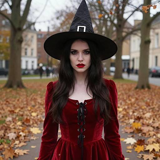 Photograph of a pale-skinned woman with long black hair, wearing a black witch hat and red velvet dress, standing in an autumnal street with