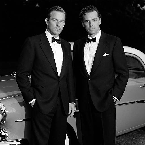 Black-and-white photograph of two handsome men in black tuxedos, bow ties, and white dress shirts, standing in front of a classic car