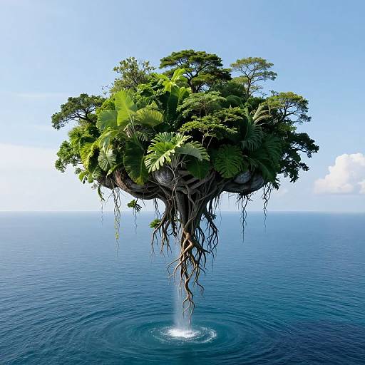 Floating island with lush green trees and dangling roots, centered in a calm blue ocean under a clear sky.