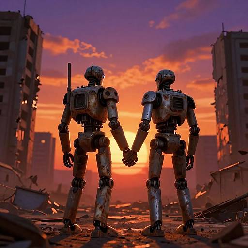 Photograph-like CGI of two metallic, humanoid robots holding hands against a vibrant, orange sunset in a ruined, war-torn cityscape.