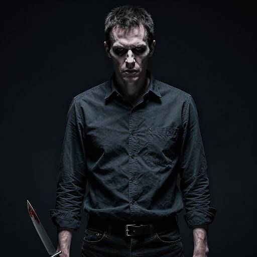 Man Holding Bloody Knife in Dark Setting