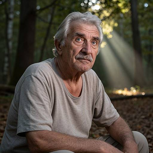 Photograph of an elderly white man with gray hair and mustache, wearing a light gray t-shirt, sitting in a forest, sunlight illuminating his