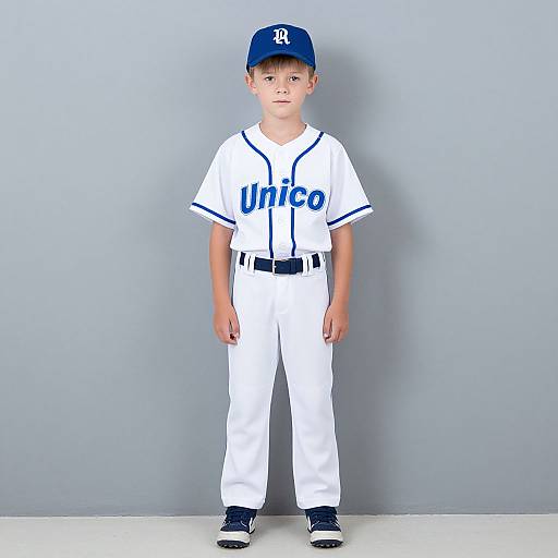 Photograph of a young boy standing against a gray background, wearing a white 