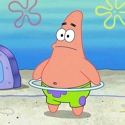 Cartoon image of a worried, pink, starfish with wide eyes, hula-hooping in green shorts with purple spots, underwater with blue