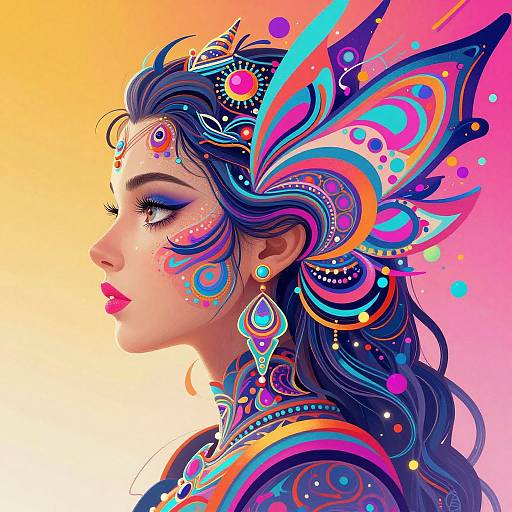 Digital art of a woman with vibrant, intricate butterfly-like hair and face patterns, colorful makeup, and bold pink lips, against a gradient orange-to-yellow