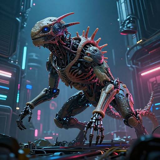 Cybernetic dinosaur creature with robotic limbs and bioluminescent spikes in a neon-lit, futuristic cityscape. Sci-fi CGI artwork with