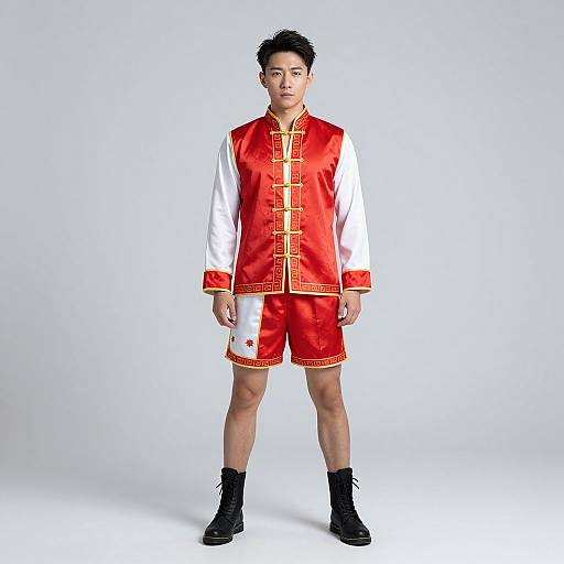 Asian man in red and white satin traditional Chinese outfit with gold trim, black shorts, and black boots, standing against plain white background. Photograph.