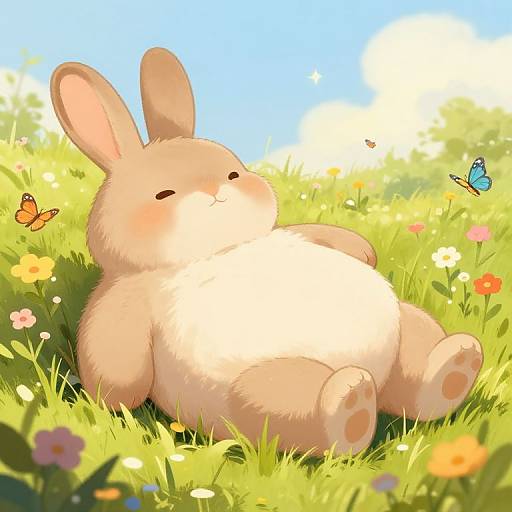 Cute, chubby, light-brown bunny with closed eyes, sitting in sunny meadow, surrounded by colorful flowers and butterflies, under a bright blue