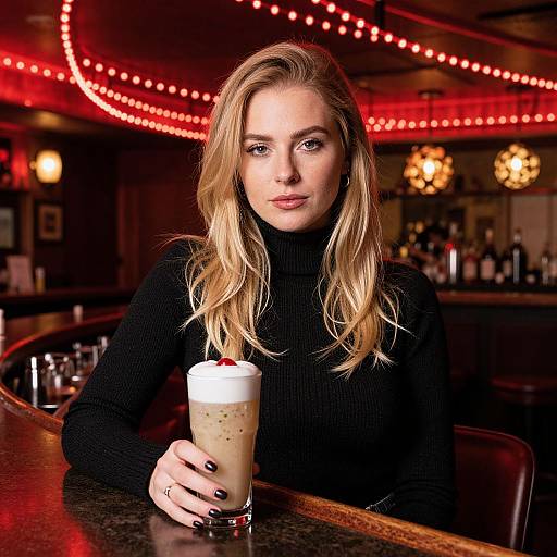 Photograph of a blonde woman with wavy hair, wearing a black turtleneck, holding a milkshake with whipped cream and a cherry, in