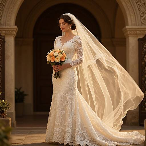 Photograph of a bride in a white lace wedding dress with long veil, holding orange and white bouquet, standing in sunlit, arched stone doorway