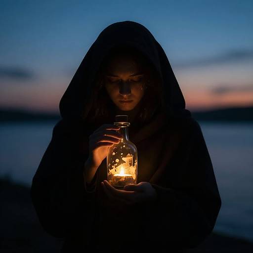 Photograph of a person in a hood, holding a lit glass jar lantern, against a twilight sky and blurred lake background.