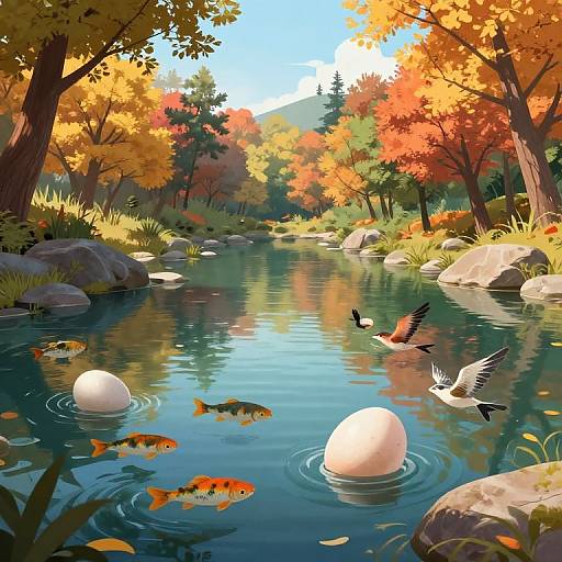 Digital artwork of a vibrant autumn forest stream with colorful leaves, two white eggs, koi fish, and a flying bird, surrounded by rocks and lush
