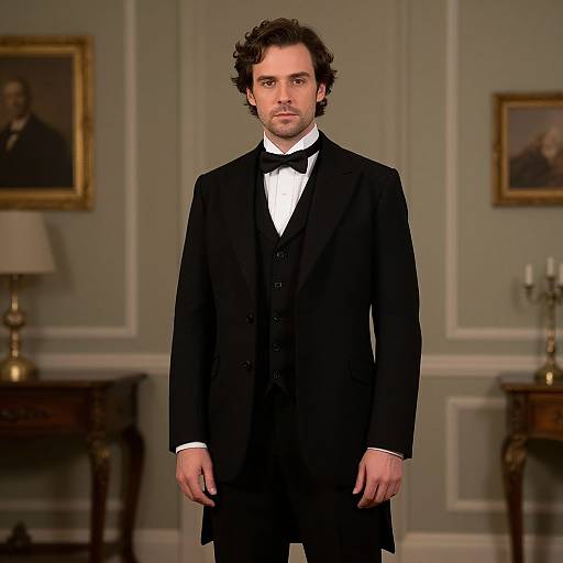 Photograph of a Caucasian man with curly brown hair, wearing a black tuxedo with a white shirt and black bow tie, standing in an elegant
