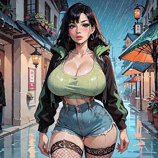 Curvy Woman in Rainy Night Street